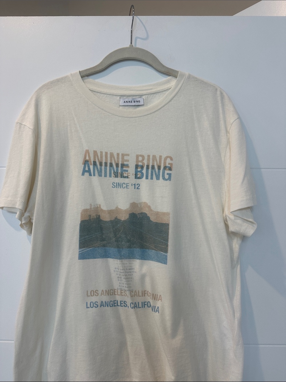 Anine Bing Cream Graphic Tee with Blue & Tan Print